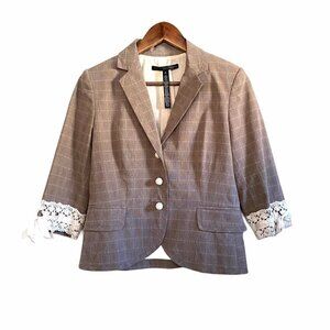 Robert Rodriguez Women's Lace Tie Cuff 3/4 Sleeve Brown Plaid Blazer Size 8